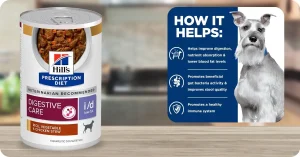 Vet recommended Hill's Science Diet dog food for sensitive stomach with rice, vegetable, and chicken stew
