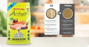 Close-up of Grandma Lucy’s Artisan freeze-dried chicken dog food showing natural texture and vegetables – Grandma Lucy’s Dog Food Review