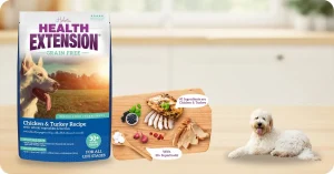 Close-up of Health Extension Chicken & Turkey Dry Dog Food kibble – grain free formula with real chicken, turkey, and superfoods for all life stages, highlighting benefits when wondering Is Health Extension Dog Food Good.