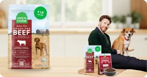 Open Farm dry dog food packaging with traceable, sustainable ingredients, highlighting reviews that answer is open farm dog food good for pets.