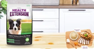 Health Extension dog food packaging showing chicken and brown rice formula – is Health Extension a good dog food for balanced nutrition?