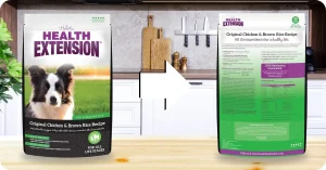 Close-up of Health Extension Chicken & Brown Rice kibble with probiotics, omega-3s, and superfoods – is Health Extension a good dog food choice for digestion and coat health?