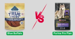 Blue Buffalo vs Pro Plan dog food bags side by side for comparison