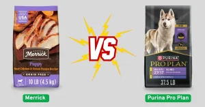 Side-by-side comparison chart of Merrick VS Purina Pro Plan dog food highlighting protein, fat, and ingredient differences