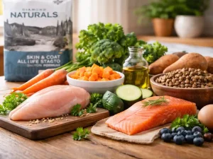 Homemade dog food ingredients spread out