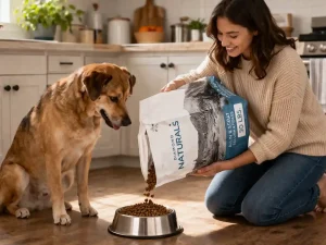 Smiling woman feeds dog in cozy kitchen