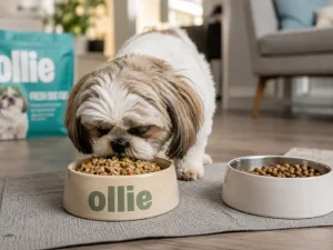 Fluffy dog enjoying fresh food